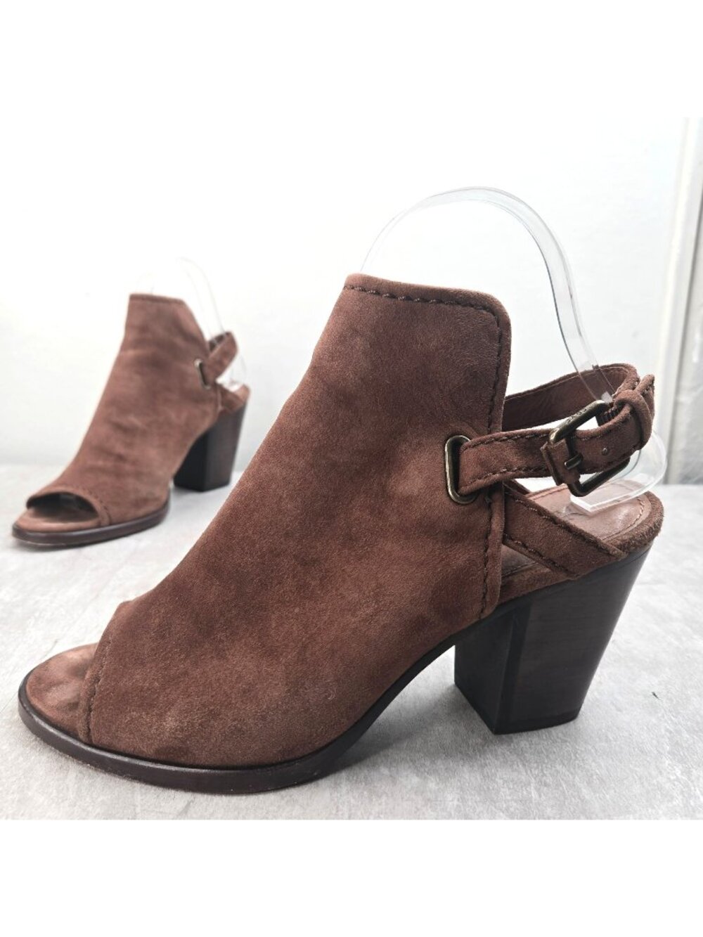 FRYE Sling Peep Toe Ankle Booties Size 7.5 Brown Suede Block Heel Boot Western
